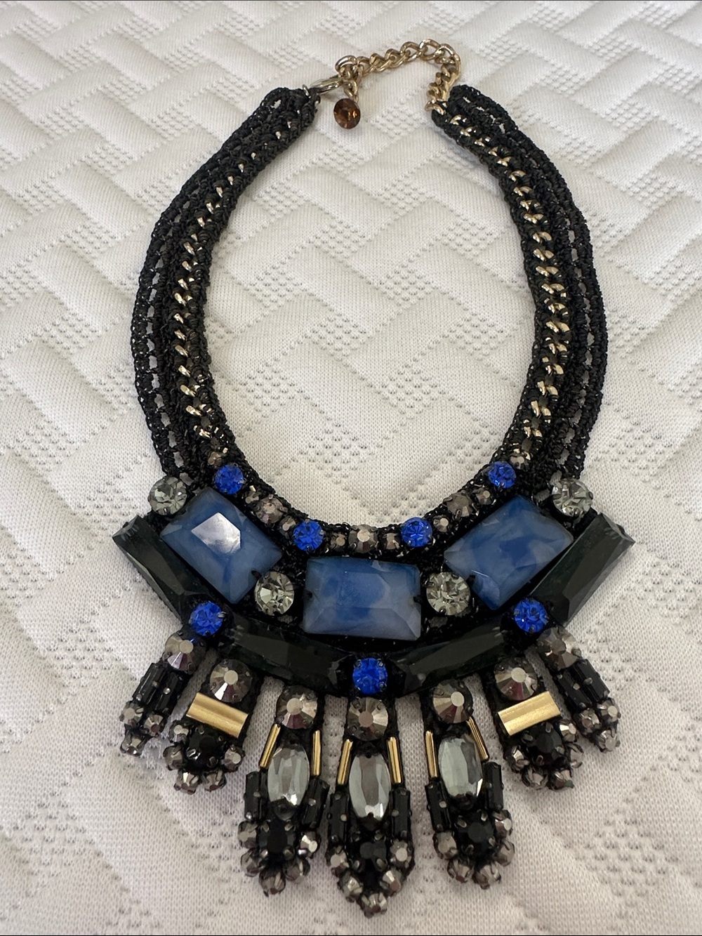 Layered Black and Blue Statement Necklace with Gem Accents